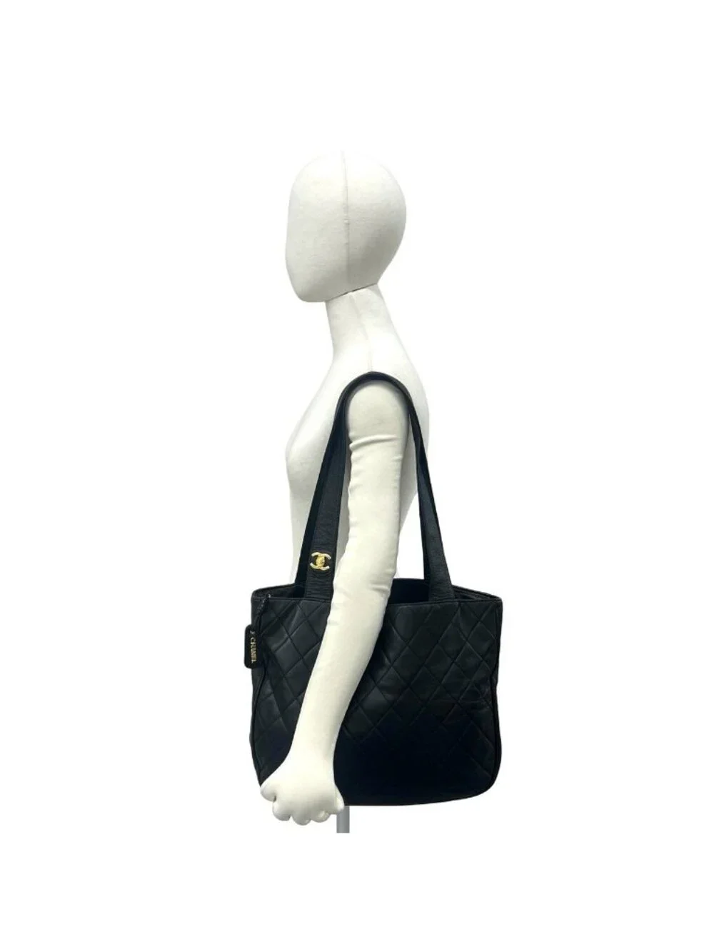 Chanel Vintage Quilted CC Logo Lambskin Leather Tote Bag Black